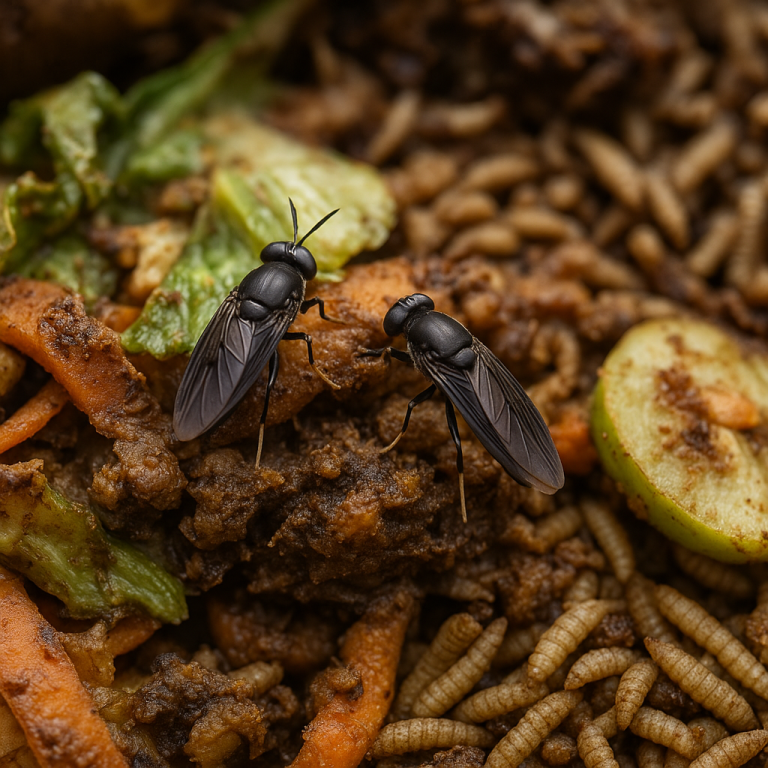 Black soldier flies and larvae consuming organic waste material, illustrating sustainable waste conversion into valuable protein and fertilizer.