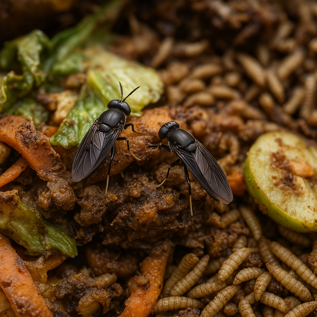 Black soldier flies and larvae consuming organic waste material, illustrating sustainable waste conversion into valuable protein and fertilizer.